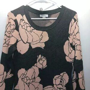 Calvin Klein Women's Knit Sweater Dress Sz Small Gray Pink Floral Fit Flare EUC